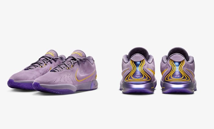 Side view of LeBron James' purple and gold Nike sneakers.
